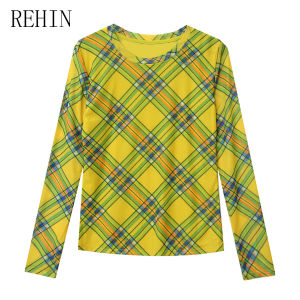 เสื้อคอกลมแขนยาวสำหรับผู้หญิงแฟชั่นสไตล์ยุโรปพร้อมพิมพ์ลายตารางเสื้อยืดผ้าตาข่ายใหม่ฤดูใบไม้ร่วง/ฤดูหนาว