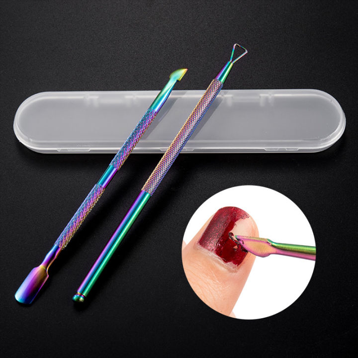 2pcs Double-ended Rainbow Stainless Steel Cuticle Pusher Dead Skin Push ...