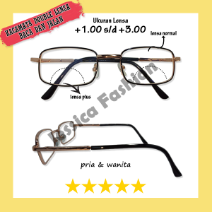 Kacamata Double Fungsi Untuk Normal & Untuk Plus (BIFOKAL) Ukuran Ready +1.00 sampai +3.00 Frame Kotak Besi Metal PRIA WANITA - BISA BAYAR DIRUMAH