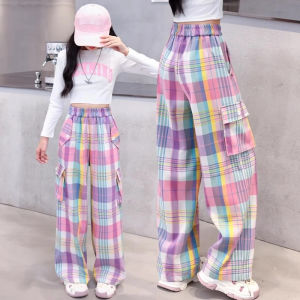 2025New Kdis Girls Pants 4-16Yrs Colorful Plaid Cargo Pants 4 Pockets Candy Pants Loose Wide Leg Trouser Ice Silk Cargo  pants