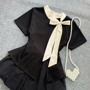 Set Áo Váy Bigsize Nữ Áo Tay Ngắn Phối Nơ Cổ Xinh Kèm Chân Váy Ngắn Bồng Cho Chubby - SET935