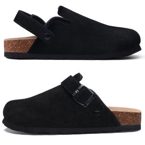 Comwarm Cow Suede Women Clogs With Adjustable Buckle Cork Footbed Leather Mules Comfort Slip on Women Slippers Summer Cork Clogs