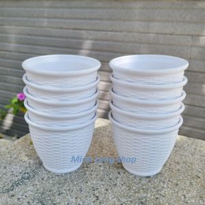 Bộ 10 chậu mây đan vành nhí 10x8cm trồng sen đá bonsai mini trắng nhựa dày đẹp