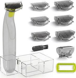 Bộ phụ kiện bảo vệ OneBlade bao gồm: 6 lược điều chỉnh độ dài lưỡi dao (1-6mm) lược thay thế nắp bảo vệ và giá đỡ.