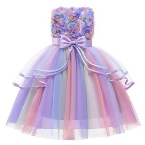 1 2 3 4 5 6 8 10 Years Flowers Baby Girls Dress Summer Rainbow Mesh Little Princess Dress Piano Performance Costume Kids Clothes2026