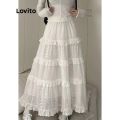 【SALE】 Lovito Casual Plain Ruffle Hem A-Line Midi Skirts for Women LNA10128 (White). 