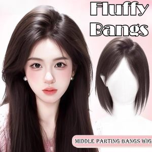 KAWAII BOX Invisible Middle Part Hair Toupee Bangs Straight Hair Extension Fluffy Synthetic Hairpiece Fringe Natural Hair Toppers Wigs for Women