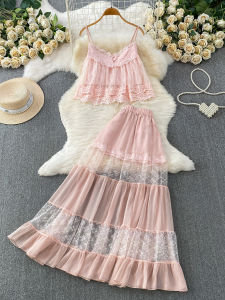 Back Cutout Lace V Neck Camisole Plus Sheer Drape Elegant Ruffle Maxi Dress Two Piece Set H260729