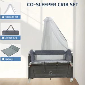 Baby Crib with Net Co-Sleeper Design Adjustable Height 2 layer Playpen Foldable Rocking Changing Table Comfort for Newborn