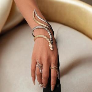 [fenggongshuode] 2Pcs Punk Snake Shaped Bracelets Ring Jewelry Set Spiral Snake Opening Bracelets Finger Rings Female Male Hand Jewelry