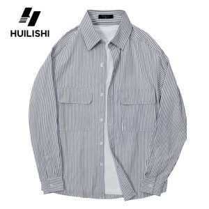 HUILISHI Men Blue White Vertical Striped Long Sleeve Shirt Loose Oversized Double Pocket Casual Button Down Blouse