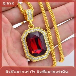 【QrhYK】 สร้อยคอทับทิมฝังเพชรสี่เหลี่ยมฮิปฮอปจี้ผู้ชายจี้หินสีแดงจี้วินเทจเครื่องประดับเครื่องแต่งกาย