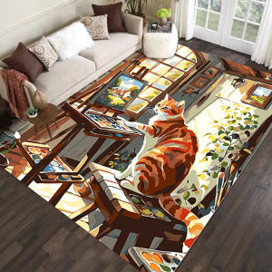 Dog Cat Colorful Oil Painting Style Living Room Carpet Hotel Study Room Mat Homestay Decorative Dirt-resistant Wear-resistant Bedroom Bedside Rug 色彩油画风格客厅地毯 酒店民宿装饰毯 耐脏 耐磨 卧室床边毯书房地毯 FUNIANQI