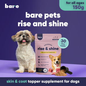 Bare Pets Rise & Shine – Skin & Coat Topper Supplement for Dogs (30 Days Supply 150g) | Dog Multivitamin with Omega 3 Biotin & Zinc | Improves Itchy Skin Bald Spots Dull Coat | Puppy & Adult Dog Food Add-On