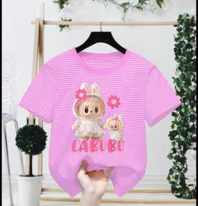 Atasan Baju Kaos Salur Kekinian Untuk Anak perempuan Lengan Pendek Motif LABUBU Viral usia 1-12 Thn