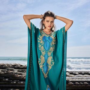 Morocco Embroidered Rayon Kaftan Marrakech-Inspired Teal Green Caftan Bohemian Beach Cover Ups Luxury Resortwear Holiday Seaside