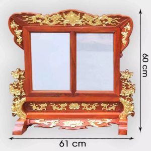 Khung hình đôi thờ gia tiên hoạ tiết hoa mai gỗ hương cao cấp cỡ ảnh 20x30cm nhủ vàng
