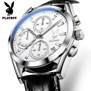 PLAYBOY Watch For Men Original Waterproof 2022 Fashion Multifunction Dial Luxury Genuine Leather Strap Casual Mens Watch
