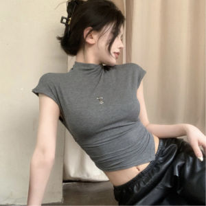 Womens half high neck irregular slim fit short Sleeve Top