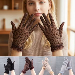 NOBLELYN Leopard Print Womens Summer Gloves Breathable Sun Protection Lace Gloves Luxury Thin Party Gloves Spring Summer Outdoor