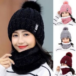JPTD Thick Winter Knitted Scarf Hat Windproof Keep Warm Winter Hat Scarf Set Elegant With Neck Scarf Cycling Warm Wool Outdoor