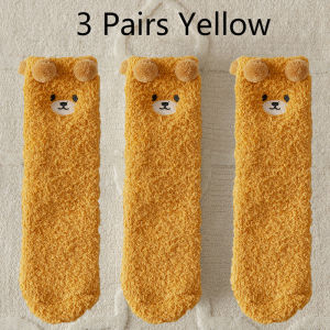 3 Pairs Winter Socks Women Warm Fluffy Socks Bear Cute Animal Coral Fleece Kawaii Fuzzy Socks Thicken Home Sleep Floor Socks Ins