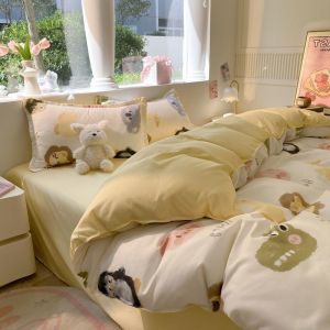 Four-Piece Set ins Washed Cotton Cute Childrens Bed Sheet Quilt Cover Bear Simple Style Single Student Dormitory Three-Piece Set LZD