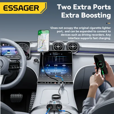 Essager 150W Two Lgnition Source+3A+2C Car Charger Quick Charge Independent Switch Lgnition Source USBA Type C PD30W Fast Charging For iPhone15pro Tablet Phones Headphones Pickups SUVs Vans Multifunction Expansion Lighter Car Chargers
