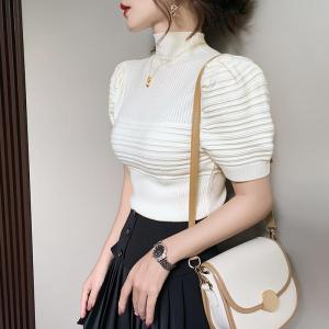 Half turtleneck knitted short-sleeved T-shirt for women in summer French sweet and spicy style fashionable and youthful puff sleeves beautiful small shirt top F1122