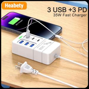 【2-3 days delivery】 1PC US Plug 6Ports Multiport USB Charger 35W PD Type-C Mobile Phone Fast Charge Wall Chargers TypeC USB Hub Adapter