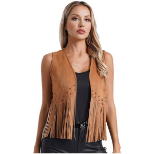 ผู้หญิง S Boho Fringe เสื้อกั๊ก Faux Suede Vintage แขนกุดเปิดด้านหน้า Hippie Cardigan Cowgirl พู่ Rivets Tank Waistcoat Tops