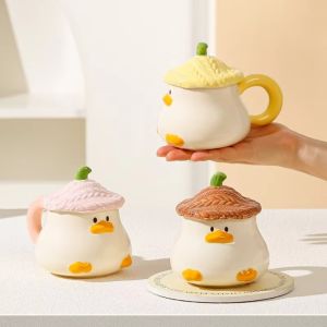 FOUNDTWO Under Glazed Cartoon Duck Ceramic Cup with Lid 400 ML Coffee Mug Creative Heat-resistant Water Cup Birthday Present