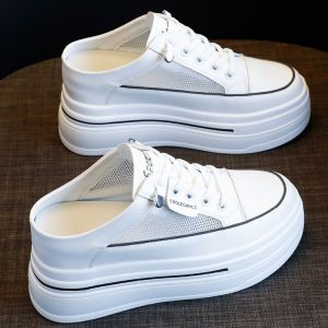 [Free Shipping] Thick-Soled Mesh Closed-Toe Slippers For Women New Summer Model Slip-On 8CM Height Increase Heelless Half-Slippers White Shoes