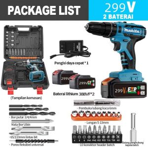 MAKITA 299V Mesin bor 2baterai cas 10mm bor listrik murah bor tangan baterai besi tembok Beton kayu Cordless Drill bor cas