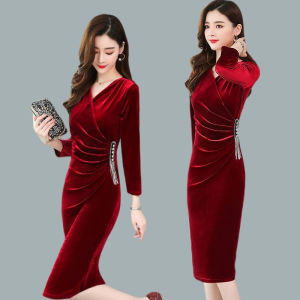 GanLai Women Cheongsam Autumn and Winter Improvement Cheongsam Pleuche Dress New Belly Covering Long Formal Dress Elegant Graceful Dress Evening Dress Wedding Dress Holiday Dress