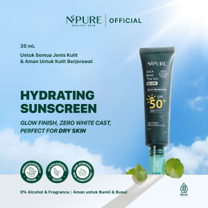 NPURE Sunscreen Cica (Centella) Beat The Sun Glow SPF 50+ PA++++ 35 ml / Hydrating / Jerawat / Glow Finish / Tekstur Ringan / No alcohol / Dry Skin / Acne Sunscreen / Hypoallergenic / Dermatologically Tested / Non Acnegenic / Aman Bumil Busui / HALAL