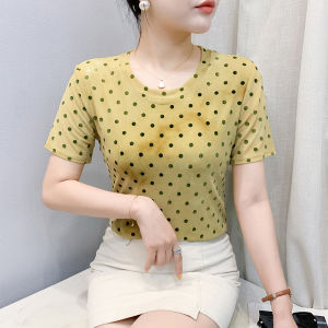 YIMEI เสื้อแขนสั้นผ้าตาข่ายลายจุดคอกลมสำหรับฤดูร้อน2025เสื้อยืดมัดย้อมสีสำหรับผู้หญิงเสื้อเชิ้ตตัวเล็กอเนกประสงค์และมีสไตล์