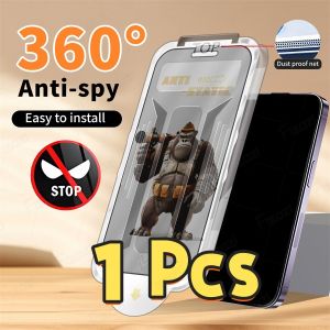 1-2Pcs 360 ° Không bụi mờ riêng tư Kính Cường Lực Cho iPhone 16 15 14 13 12 Pro Max Cài đặt một nhấp chuột Mờ Chống Nhìn Trộm Một nút cài đặt bảo vệ màn hình bảo vệ phim