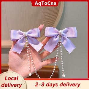 [COD] AqToCna Ship within 24 hours Pearl Bow Tassel Hair Clip Elegant Solid Color Hair Claw Children Princess Hairpins Fashion Beauty Hair Accessories