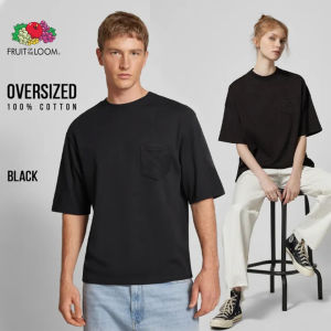 Fruit of the Loom Soft Premium Oversized Tshirt for Men & Women with Pocket 100% Cotton Mens T-shirts Plain Tops Black