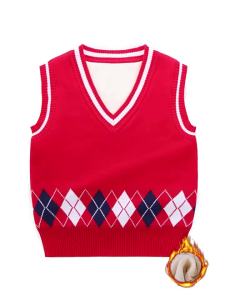 Autumn Winter New Collection for Toddlers and Young Children Boys Preppy Style Knitted Sweater Pure Cotton Warm Vest with Fleece Lining