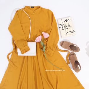 Gamis hermosa bahan wollycrepe warna mustard polos-Gamis kukus kubus kuning-gamis syari polos busui