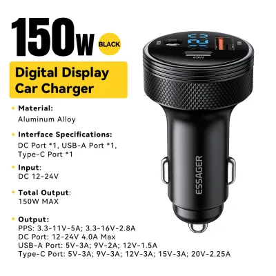 Essager 150W màn hình kỹ thuật số xe ô tô Sạc 3-Cổng DC + USB-A + Loại C cổng DC 100W sạc nhanh Mini nhôm di động xe hợp kim Sạc Loại C Pd45W Xe Nhanh Chóng Sạc Sạc Sạc