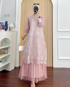 Dress Tille dot mix brukat full puring Premium Gamis Mewah Elegan Kondangan Pengajian Busana wanita