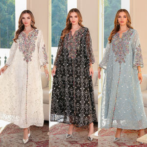 Muslim robe new embroidered womens long dress abaya womens rope embroidered dress