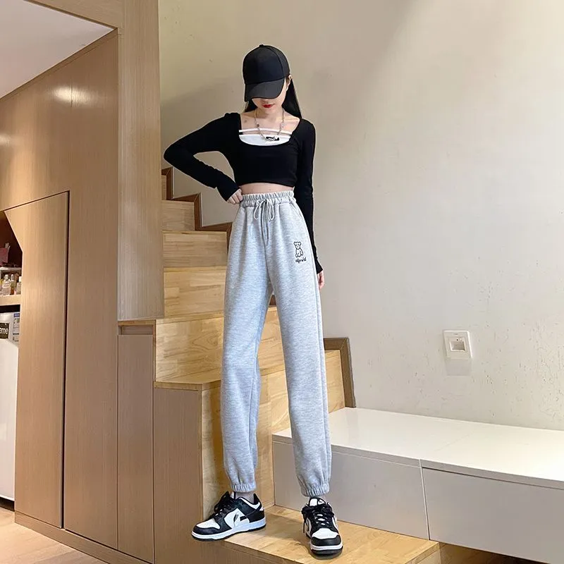 Pants Women Korean Style Fashion White Black Grey Sweatpants High Waist  Loose Casual Drawstring Pants