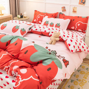 【Super low price】Strawberry Bedding Set Double Sheet Soft 3/4pcs Bed Sheet Set Duvet Cover Queen King Size Comforter Sets For Home For Child