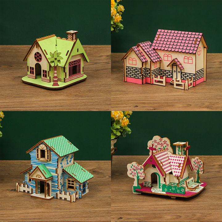 Puzzle 3D DIY bahan kayu model COTTAGE Rumah minimalis mainan