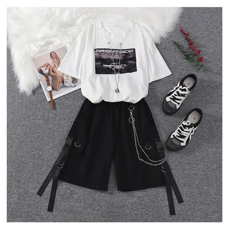 NEW 2023] Summer Unisex Two-piece For Women Cargo Set Korean Fashion T  Shirt Hippie Aesthetic 2 Piece Sets Wide Leg Shorts Tomboy Outfits