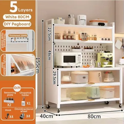 YOYO Kitchen Cabinet Floor Standing Storage Organizer Multi Tier Dustproof Dish Microwave Storage Cabinet with Pegboard Utensil Holder
